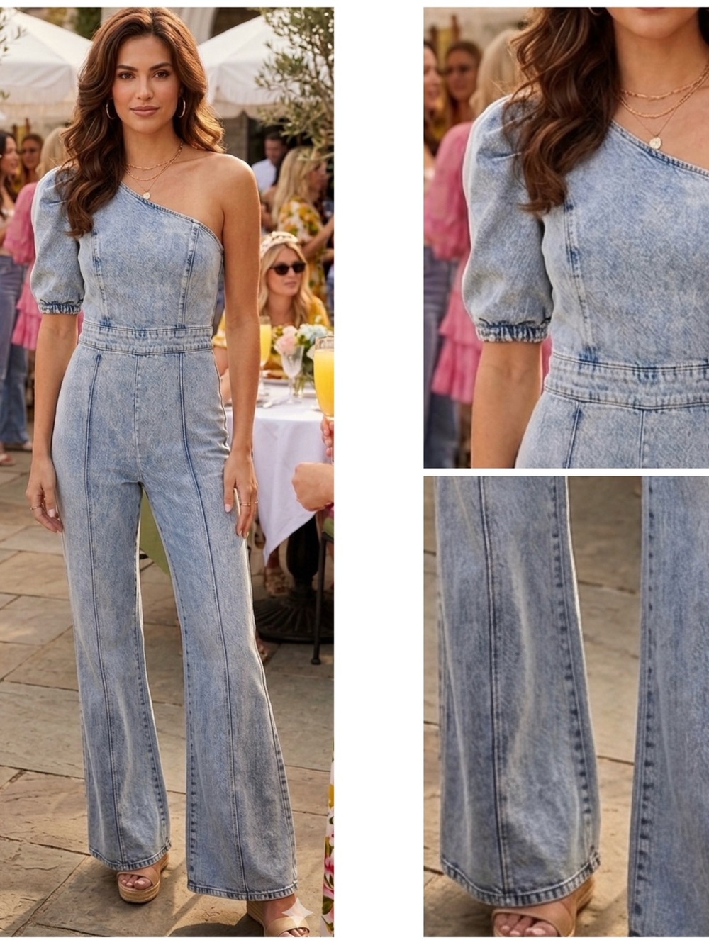 Flying Tomato One-Shoulder Puff Sleeve Flare Acid Wash Denim Jumpsuit Size M